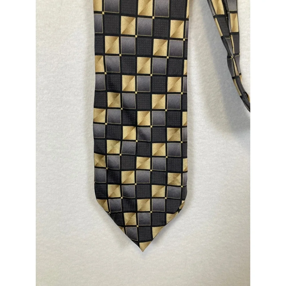 Knightsbridge Silk Tie Mens OS Gold Black Gray‎ Geometric Checkerboard Pattern